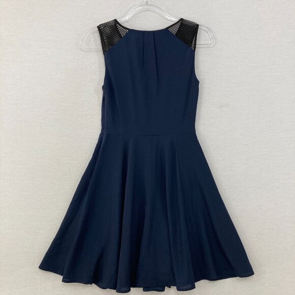 New Express size 2 Navy Sleeveless Fit and Flare Mesh Detail Side Zip Dress - Picture 9 of 9
